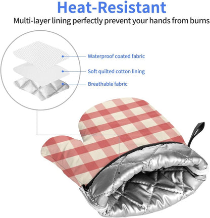Retro Pink Gingham Print Oven Mitts for Women, Cute Kitchen aid Oven Mitts Heat Resistant with Cotton Lining