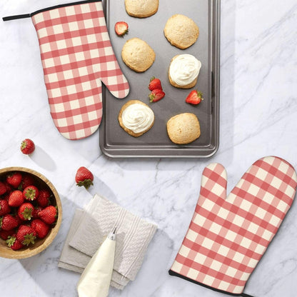 Retro Pink Gingham Print Oven Mitts for Women, Cute Kitchen aid Oven Mitts Heat Resistant with Cotton Lining