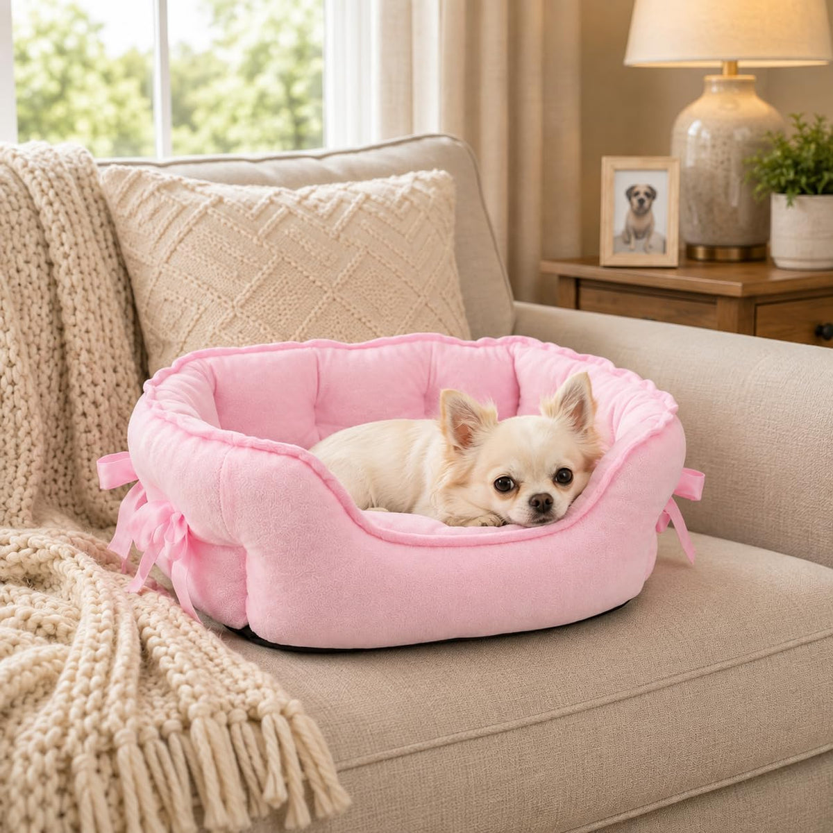 Pink Dog Bed for Small Breeds Breathable Princess Bowknot Puppy Cat Cushion