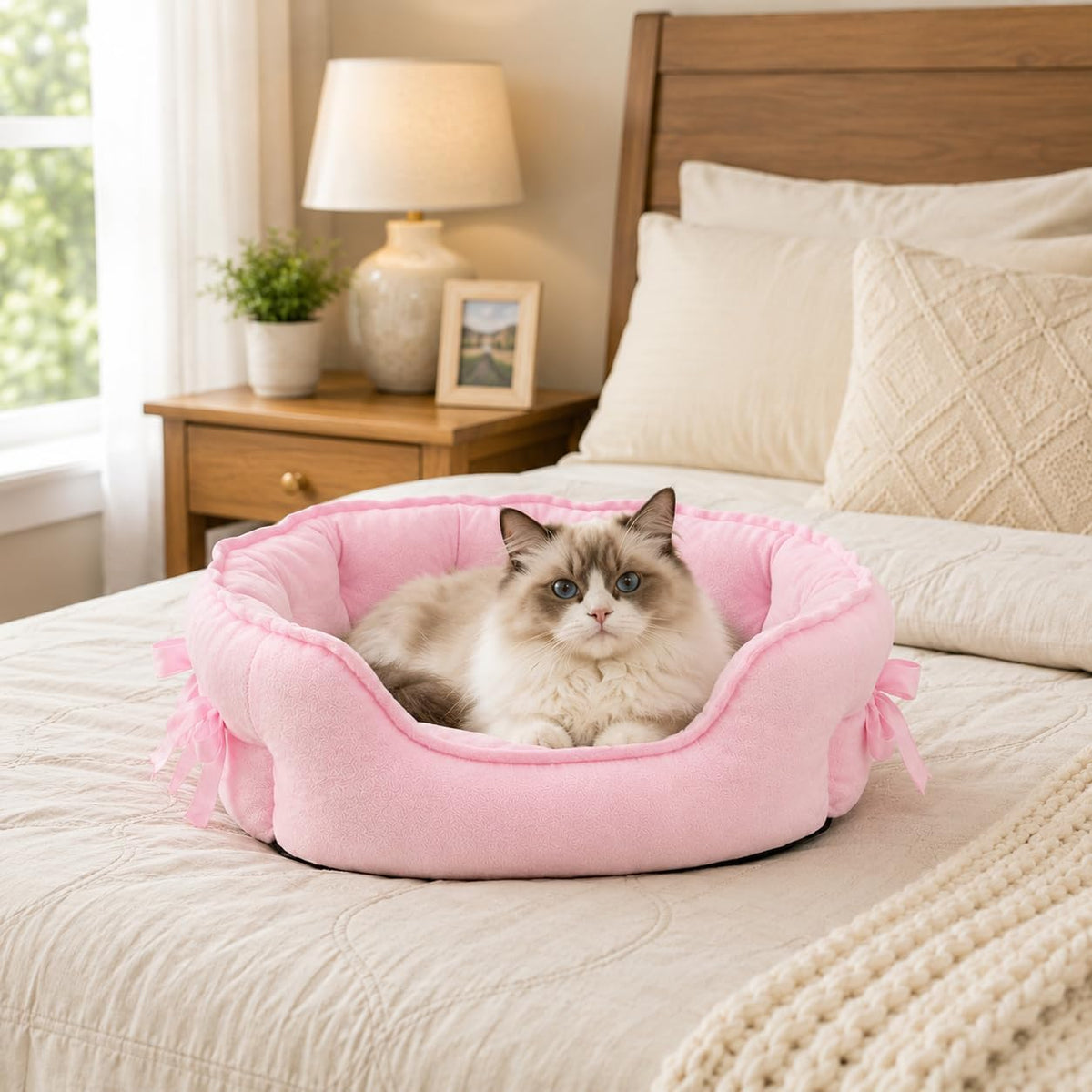 Pink Dog Bed for Small Breeds Breathable Princess Bowknot Puppy Cat Cushion