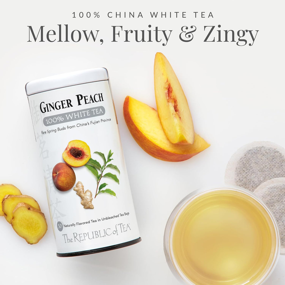 Ginger Peach 100% White Tea, Low Caffeine, 50 Count