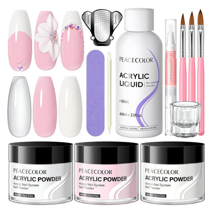 Acrylic Nail Kit for Beginners, Clear White Pink 15g Acrylic Powder and 60ml Liquid Set Brush Forms Professional Nails Kit Acrylic Set Starter Kit DIY Gifts for Women Salon at Home