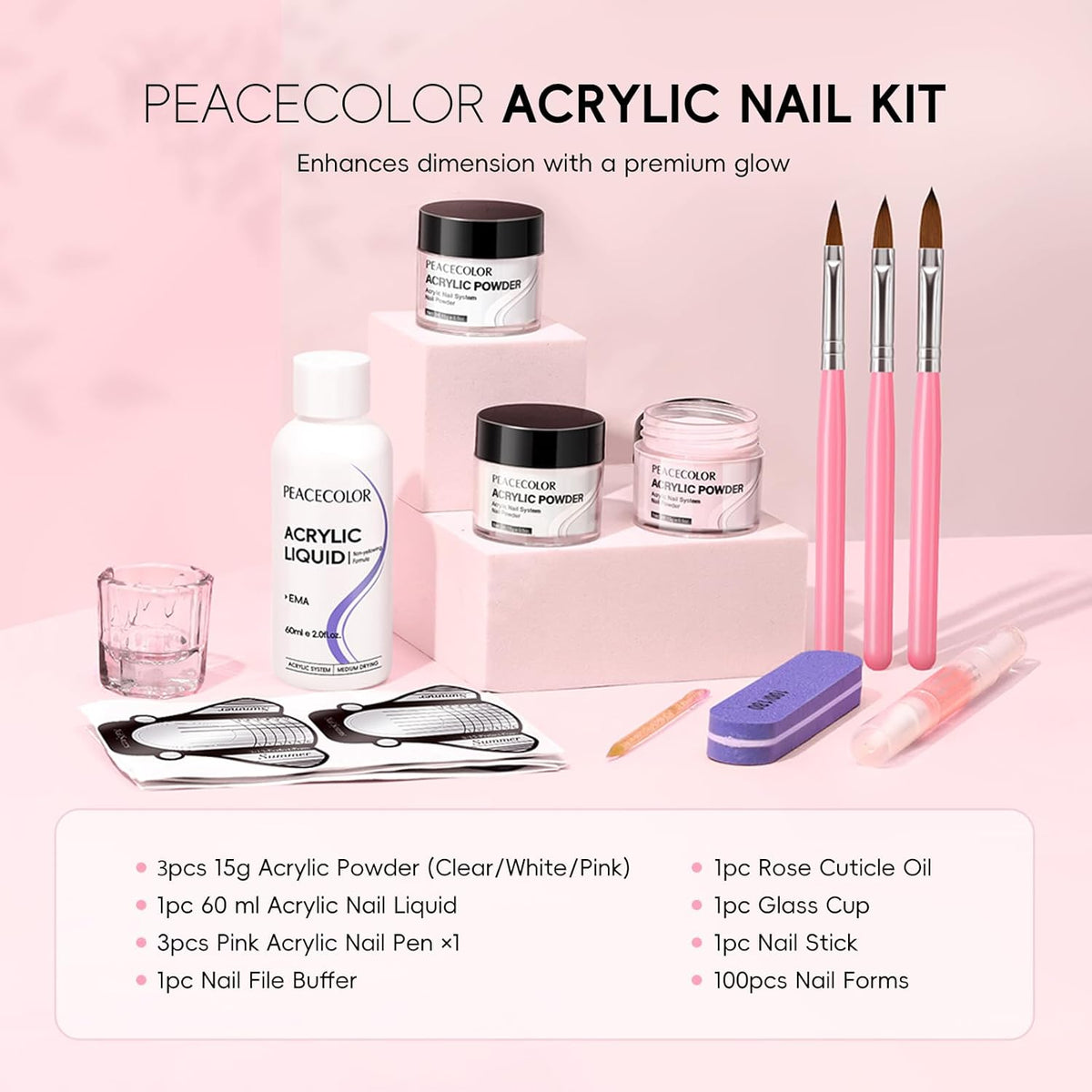 Acrylic Nail Kit for Beginners, Clear White Pink 15g Acrylic Powder and 60ml Liquid Set Brush Forms Professional Nails Kit Acrylic Set Starter Kit DIY Gifts for Women Salon at Home
