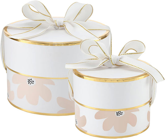 Gift Wrap Co. Nested Gift Box 2-Piece Set Round Designer Boxes with Lids, Large and Small, Pink Floral