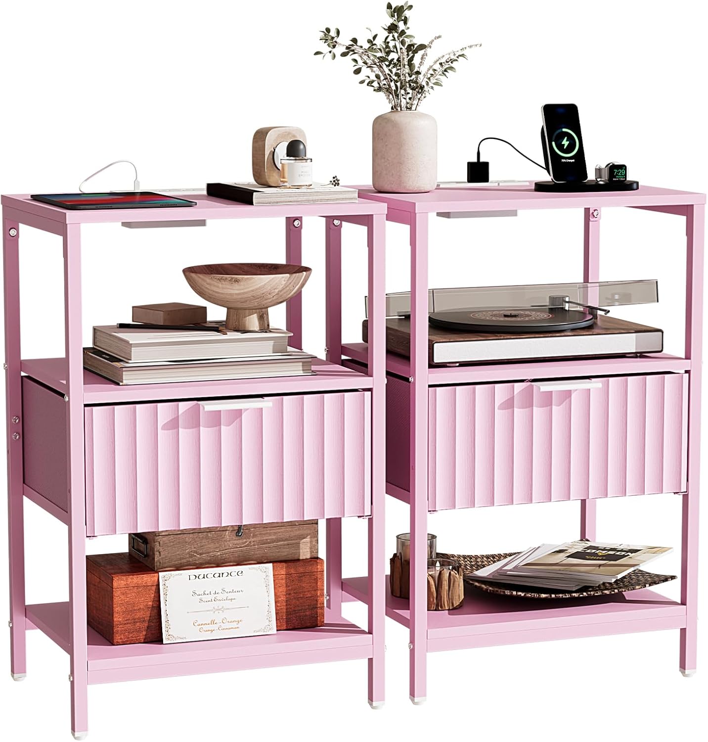 Fluted Nightstand Set of 2, End Table with Fabric Drawer with Charging Station, Night Stand with Storage Shelf & Handle, Fluted Side Table for Bedroom/Living Room,Pink
