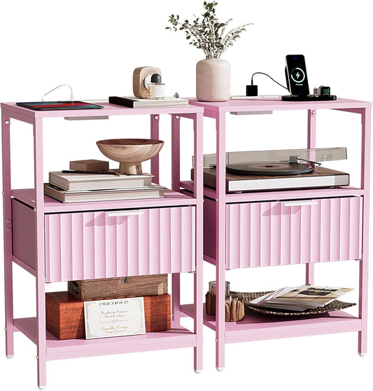 Fluted Nightstand Set of 2, End Table with Fabric Drawer with Charging Station, Night Stand with Storage Shelf & Handle, Fluted Side Table for Bedroom/Living Room,Pink