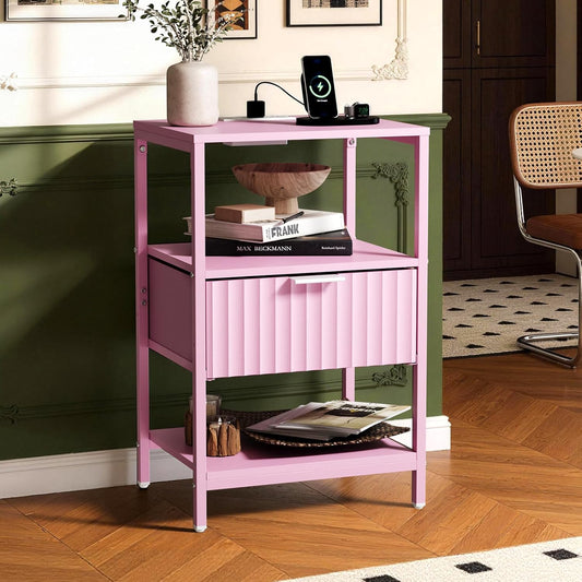 Fluted Nightstand Set of 2, End Table with Fabric Drawer with Charging Station, Night Stand with Storage Shelf & Handle, Fluted Side Table for Bedroom/Living Room,Pink