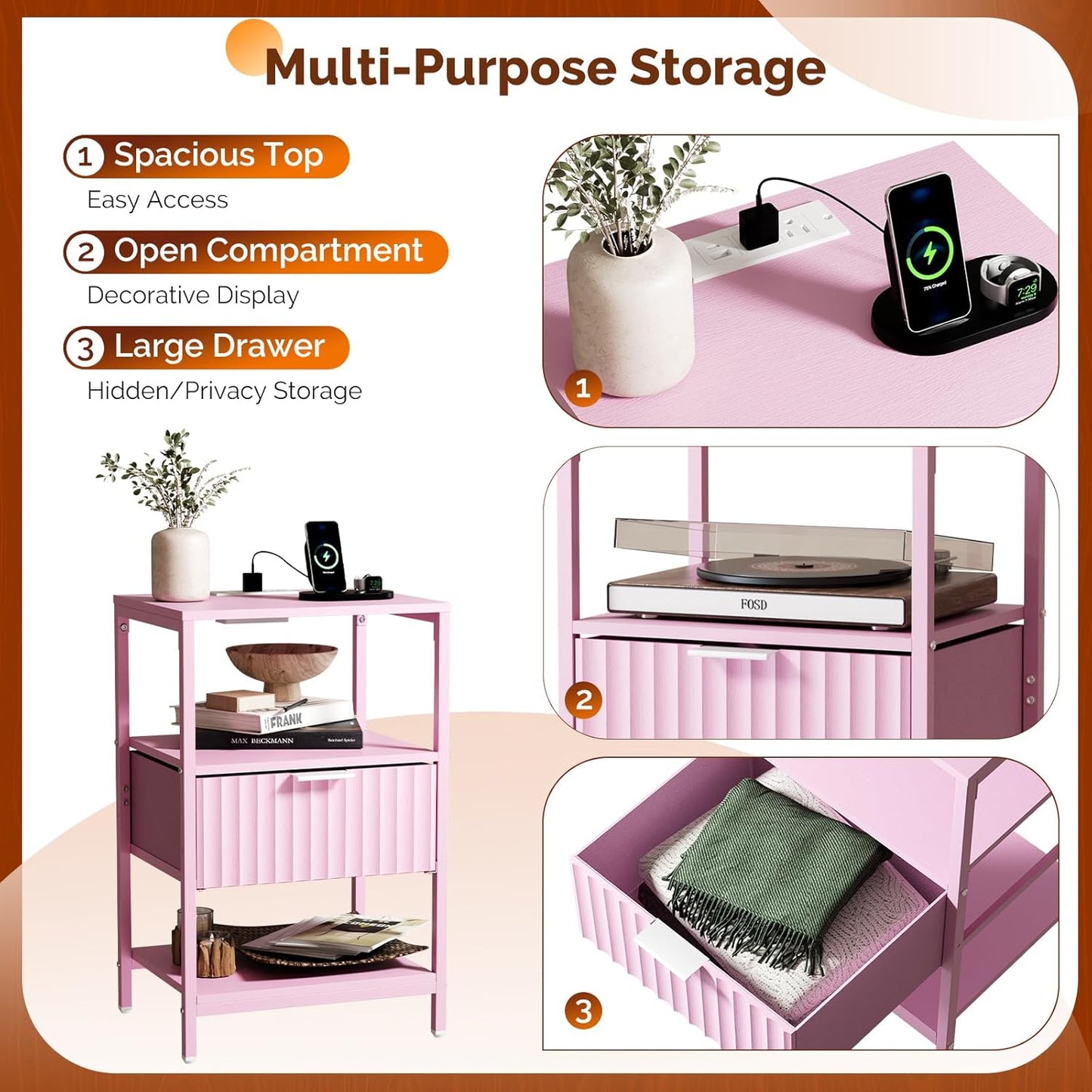 Fluted Nightstand Set of 2, End Table with Fabric Drawer with Charging Station, Night Stand with Storage Shelf & Handle, Fluted Side Table for Bedroom/Living Room,Pink