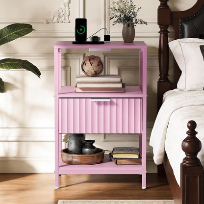 Fluted Nightstand Set of 2, End Table with Fabric Drawer with Charging Station, Night Stand with Storage Shelf & Handle, Fluted Side Table for Bedroom/Living Room,Pink