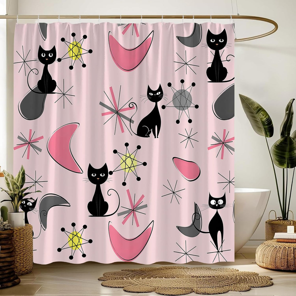 Mid Century Modern Pink Shower Curtain for Bathroom,70x70(WxH) Inches