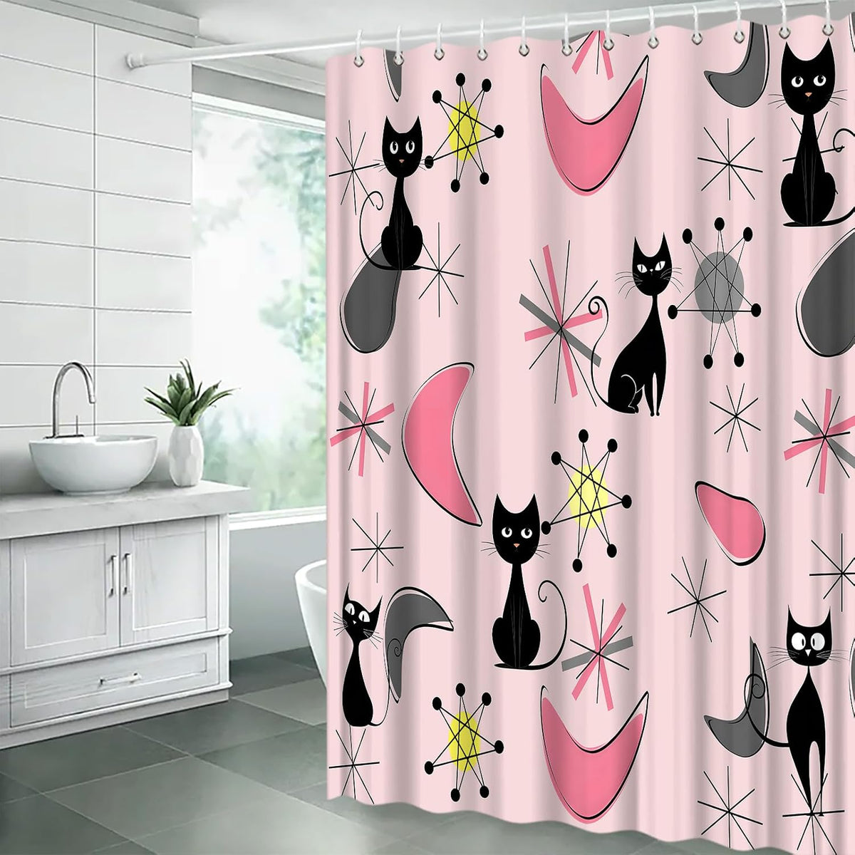 Mid Century Modern Pink Shower Curtain for Bathroom,70x70(WxH) Inches