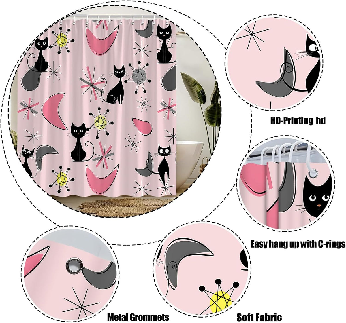 Mid Century Modern Pink Shower Curtain for Bathroom,70x70(WxH) Inches