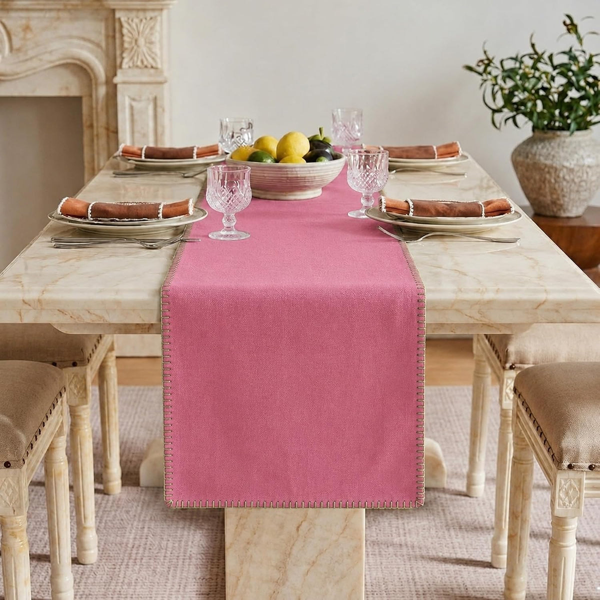 LFH HOME Cotton Rich Table Runner with Blanket Stitch,18 x 72 Inch Decorative Farmhouse Dining Table Runner, Washable Table Decor for Kitchen,Dining Room,Coffee Table,Buffet & Holiday Decor,Baby Pink