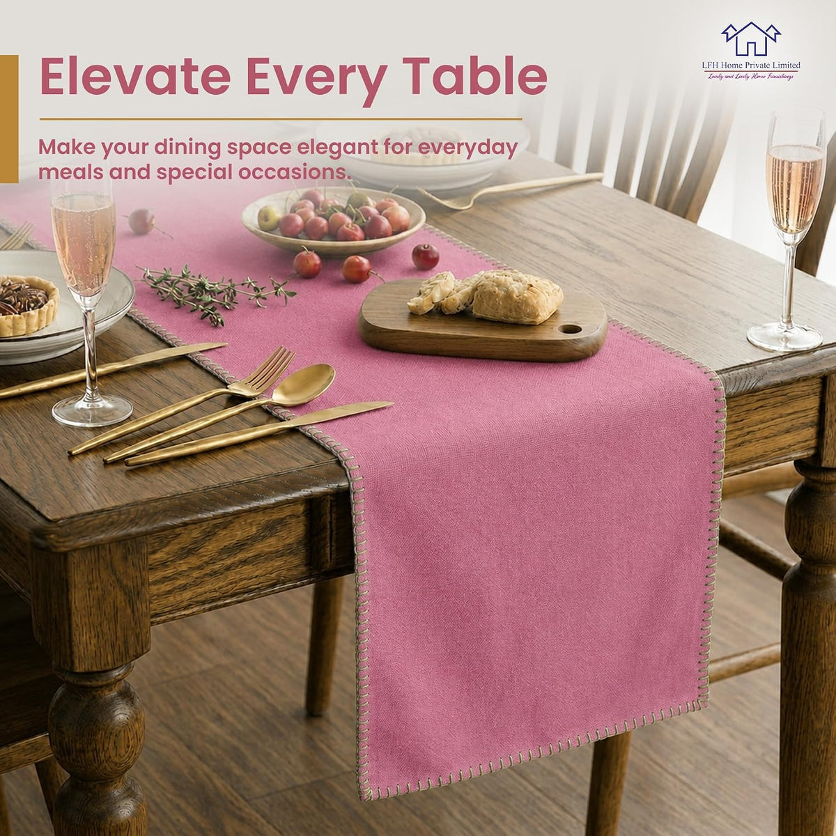 LFH HOME Cotton Rich Table Runner with Blanket Stitch,18 x 72 Inch Decorative Farmhouse Dining Table Runner, Washable Table Decor for Kitchen,Dining Room,Coffee Table,Buffet & Holiday Decor,Baby Pink