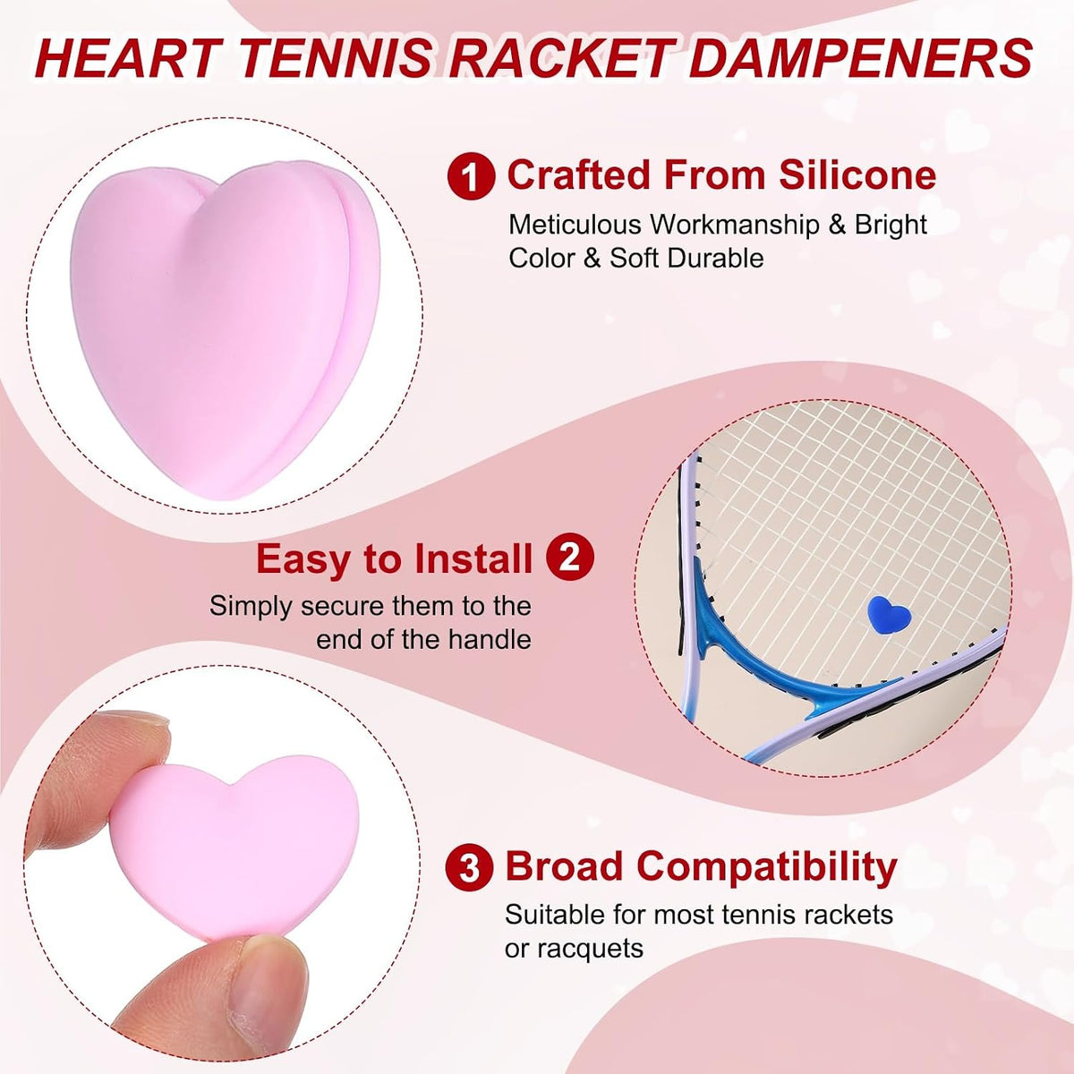 Tennis Dampener, Heart Silicone Tennis Racket Dampeners Racket Shock Absorber to Reduce Vibration Soft