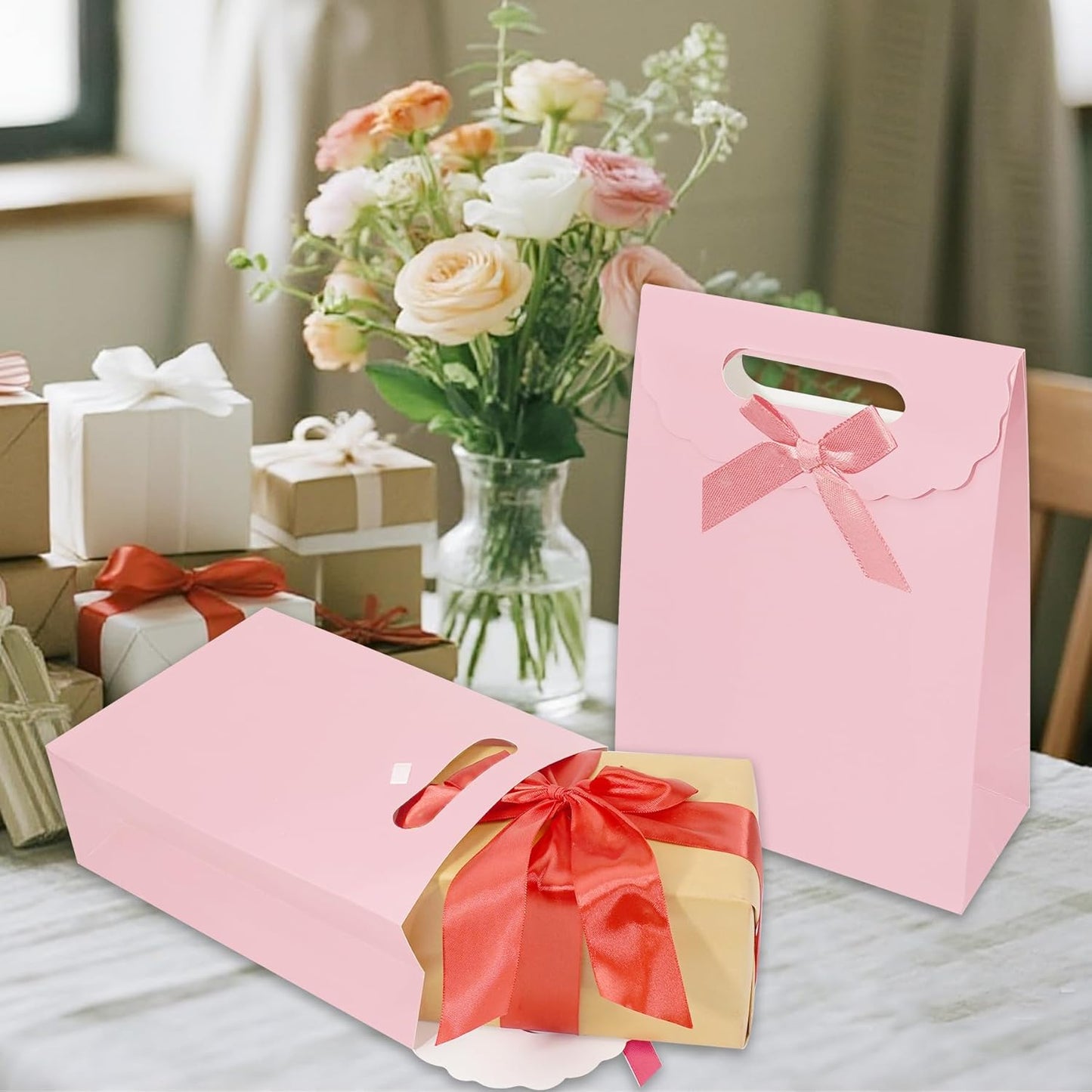 gift bags with handles medium size 7×4×10 inch 16pcs for gift wrap birthday,party favor,wedding,anniversary (pink)