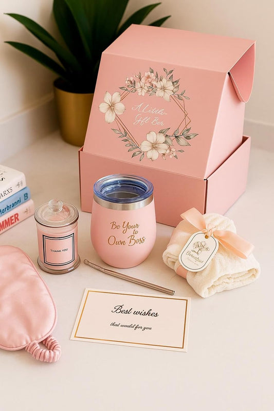 Luxury Gift Box for Women | Be Your Own Boss Motivational Self-Care Gift Set for Her | Pink Birthday & Thank You Gifts with Mug, Candle, Sleep Mask
