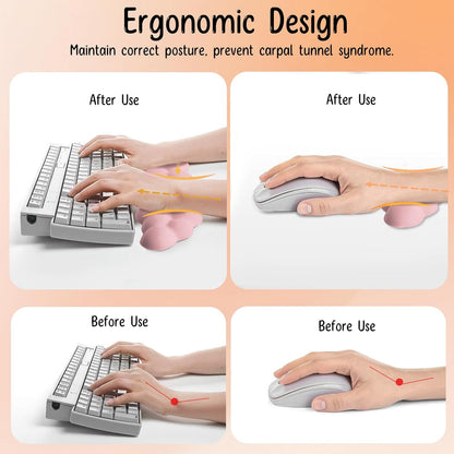 Keyboard Wrist Rest Mouse Wrist Support Set, Cloud Keybroad Wrist Rest Pad with Non-Slip PU Base, Memory Foam Wrist Rest for Pain Relief Computer Laptop Gaming Home Office, Pink