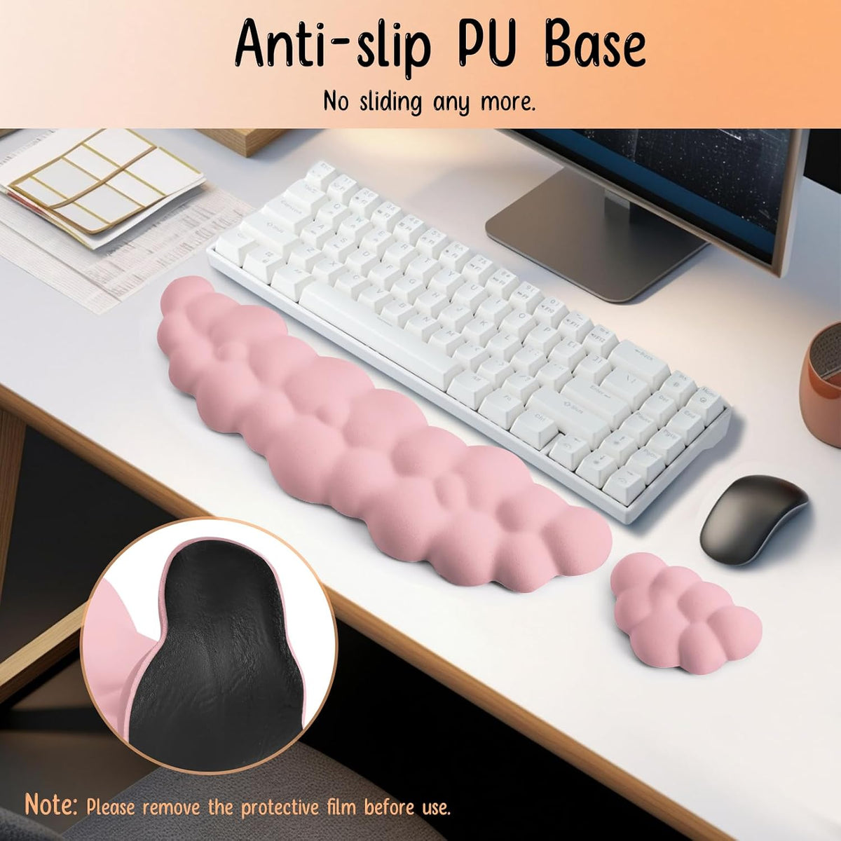 Keyboard Wrist Rest Mouse Wrist Support Set, Cloud Keybroad Wrist Rest Pad with Non-Slip PU Base, Memory Foam Wrist Rest for Pain Relief Computer Laptop Gaming Home Office, Pink