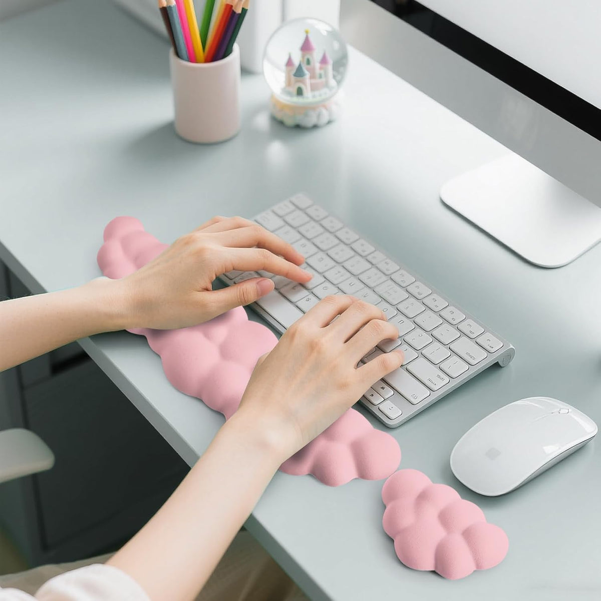 Keyboard Wrist Rest Mouse Wrist Support Set, Cloud Keybroad Wrist Rest Pad with Non-Slip PU Base, Memory Foam Wrist Rest for Pain Relief Computer Laptop Gaming Home Office, Pink