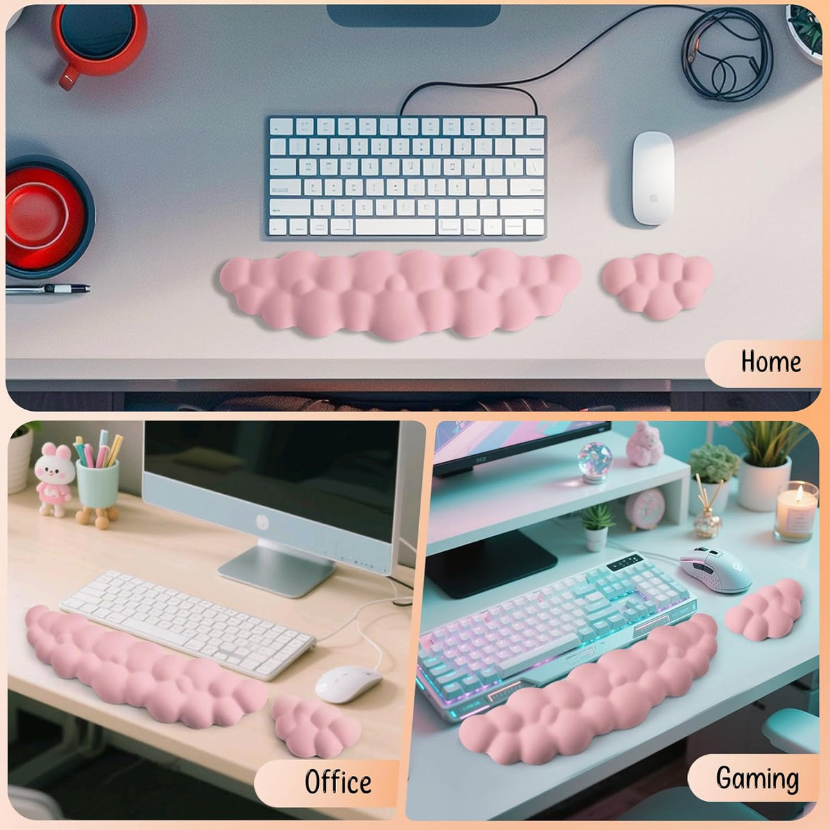 Keyboard Wrist Rest Mouse Wrist Support Set, Cloud Keybroad Wrist Rest Pad with Non-Slip PU Base, Memory Foam Wrist Rest for Pain Relief Computer Laptop Gaming Home Office, Pink