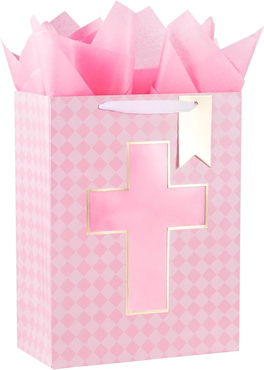 Gift Bag with Pink Diamond and Cross Design, Tissue Paper for Baby Girl Baptisms, Christenings, First Communions Religious Occasion - 10" x 5" x 13", 1 Pcs