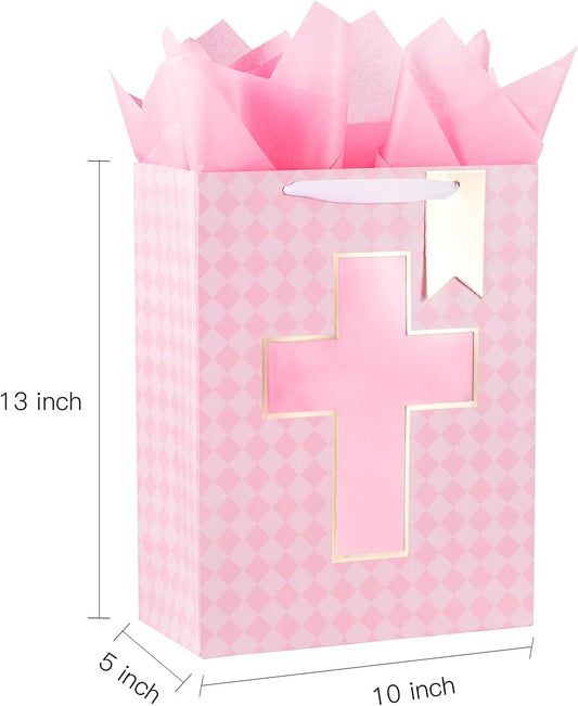 Gift Bag with Pink Diamond and Cross Design, Tissue Paper for Baby Girl Baptisms, Christenings, First Communions Religious Occasion - 10" x 5" x 13", 1 Pcs