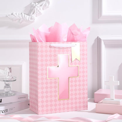 Gift Bag with Pink Diamond and Cross Design, Tissue Paper for Baby Girl Baptisms, Christenings, First Communions Religious Occasion - 10" x 5" x 13", 1 Pcs