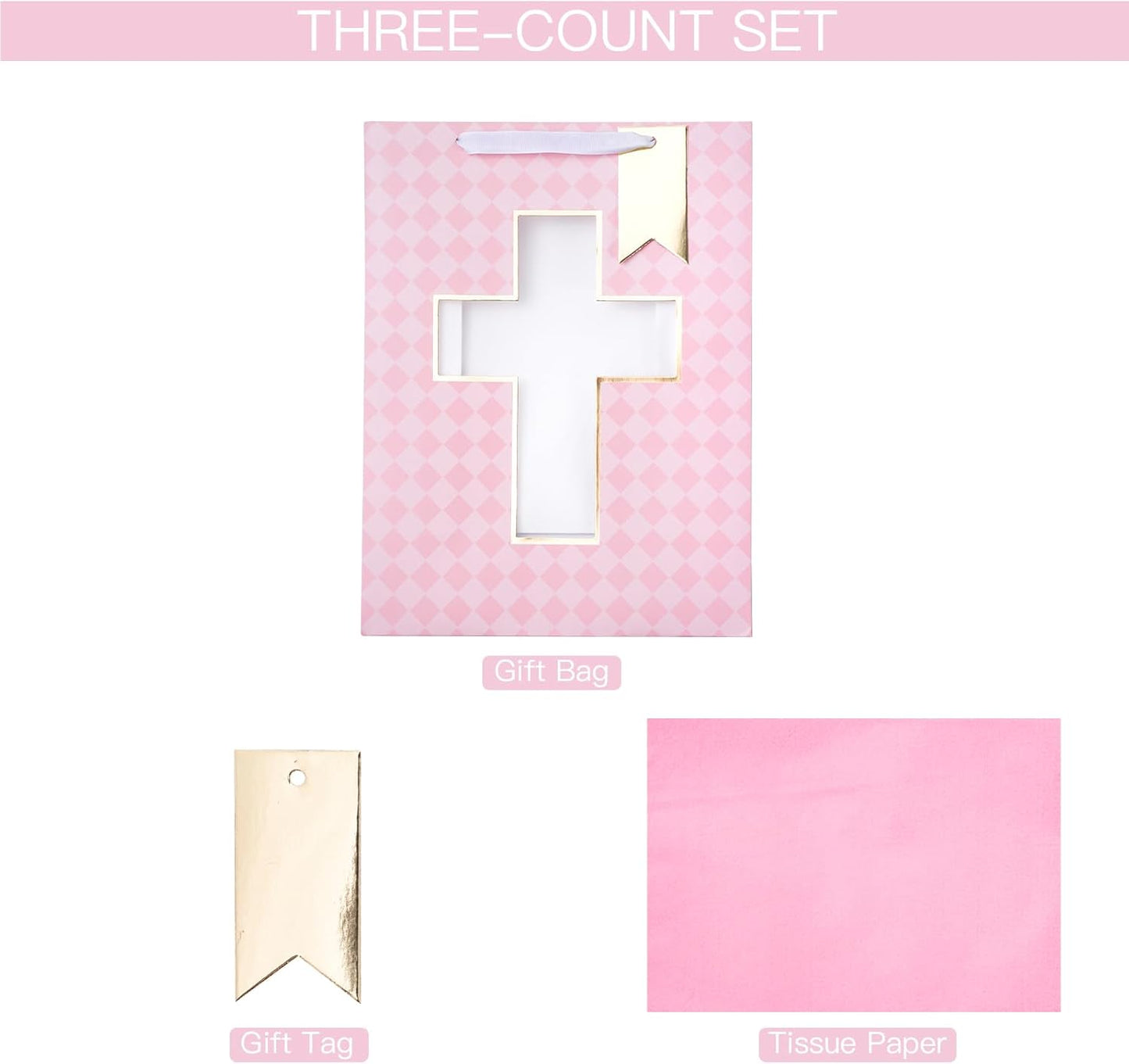 Gift Bag with Pink Diamond and Cross Design, Tissue Paper for Baby Girl Baptisms, Christenings, First Communions Religious Occasion - 10" x 5" x 13", 1 Pcs