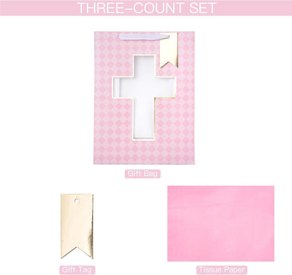Gift Bag with Pink Diamond and Cross Design, Tissue Paper for Baby Girl Baptisms, Christenings, First Communions Religious Occasion - 10" x 5" x 13", 1 Pcs