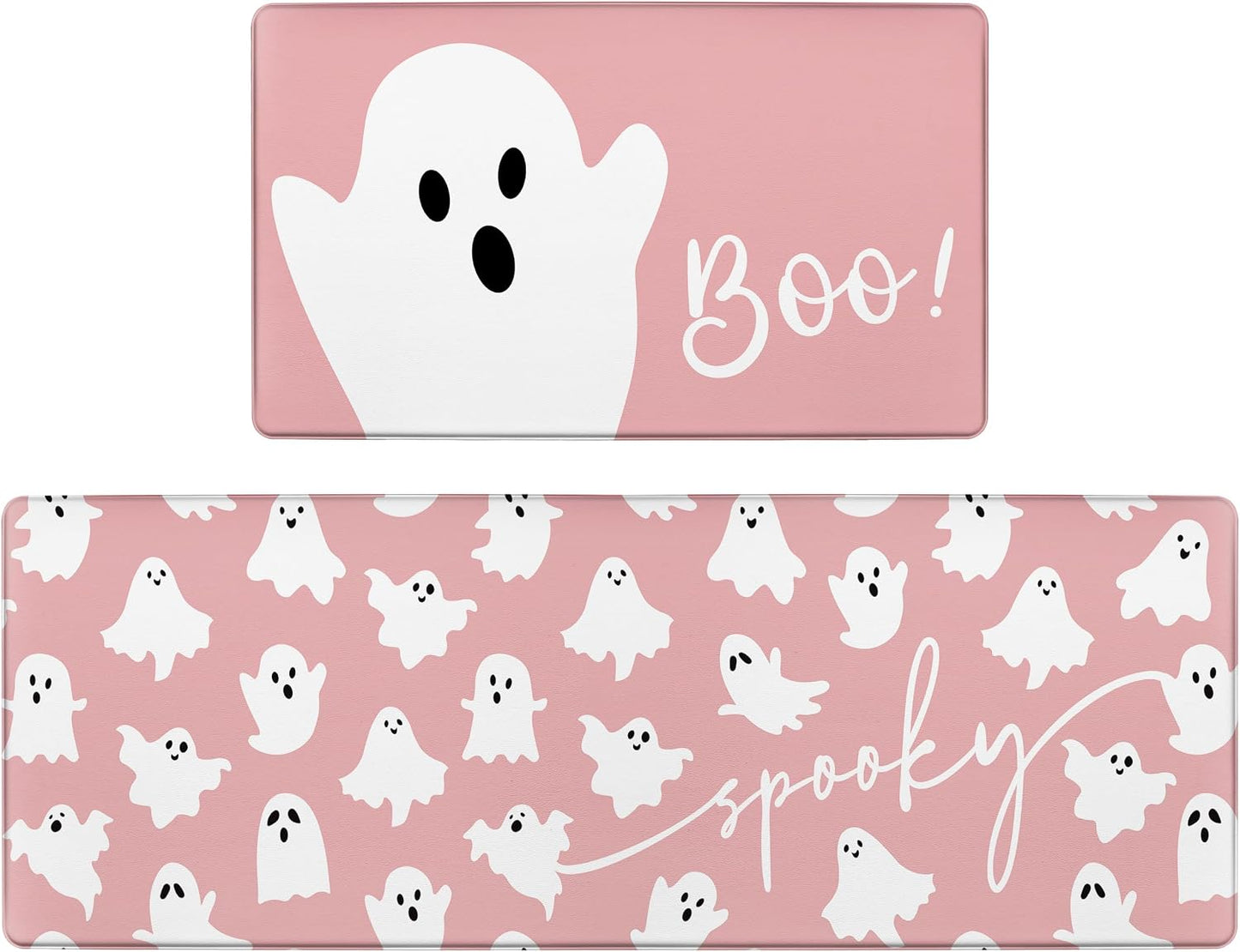 Pink Ghosts Boo Halloween Kitchen Rugs and Mats Set of 2 Spooky Halloween Kitchen Decor Cute Anti Fatigue Cushioned Kitchen Floor Mats Non Slip Waterproof Standing Mat for Laundry Office