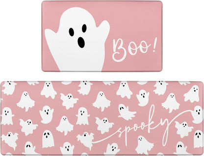 Pink Ghosts Boo Halloween Kitchen Rugs and Mats Set of 2 Spooky Halloween Kitchen Decor Cute Anti Fatigue Cushioned Kitchen Floor Mats Non Slip Waterproof Standing Mat for Laundry Office