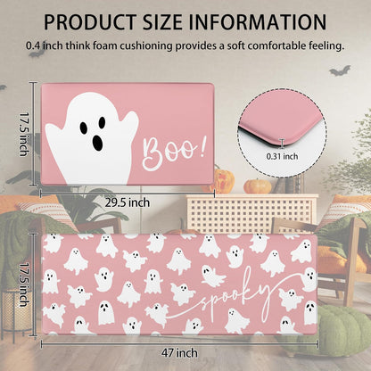 Pink Ghosts Boo Halloween Kitchen Rugs and Mats Set of 2 Spooky Halloween Kitchen Decor Cute Anti Fatigue Cushioned Kitchen Floor Mats Non Slip Waterproof Standing Mat for Laundry Office