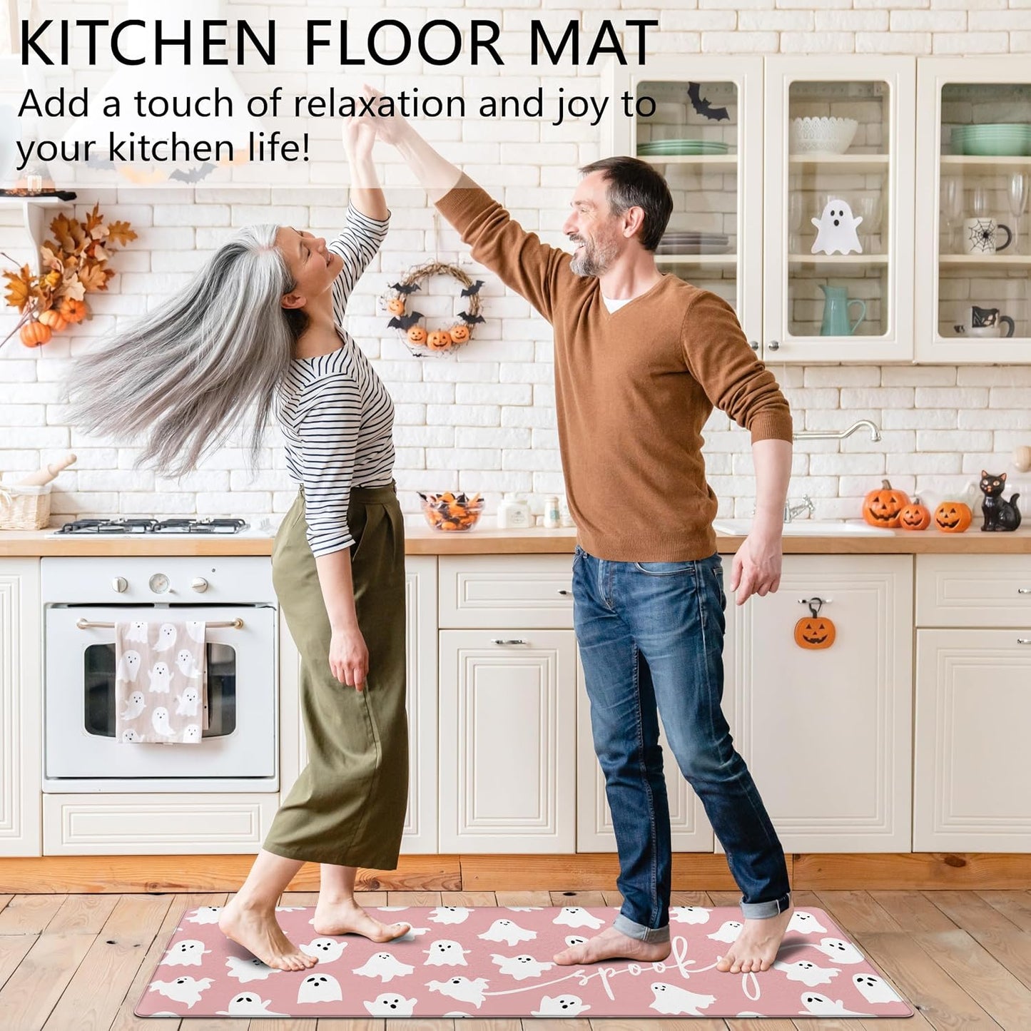 Pink Ghosts Boo Halloween Kitchen Rugs and Mats Set of 2 Spooky Halloween Kitchen Decor Cute Anti Fatigue Cushioned Kitchen Floor Mats Non Slip Waterproof Standing Mat for Laundry Office
