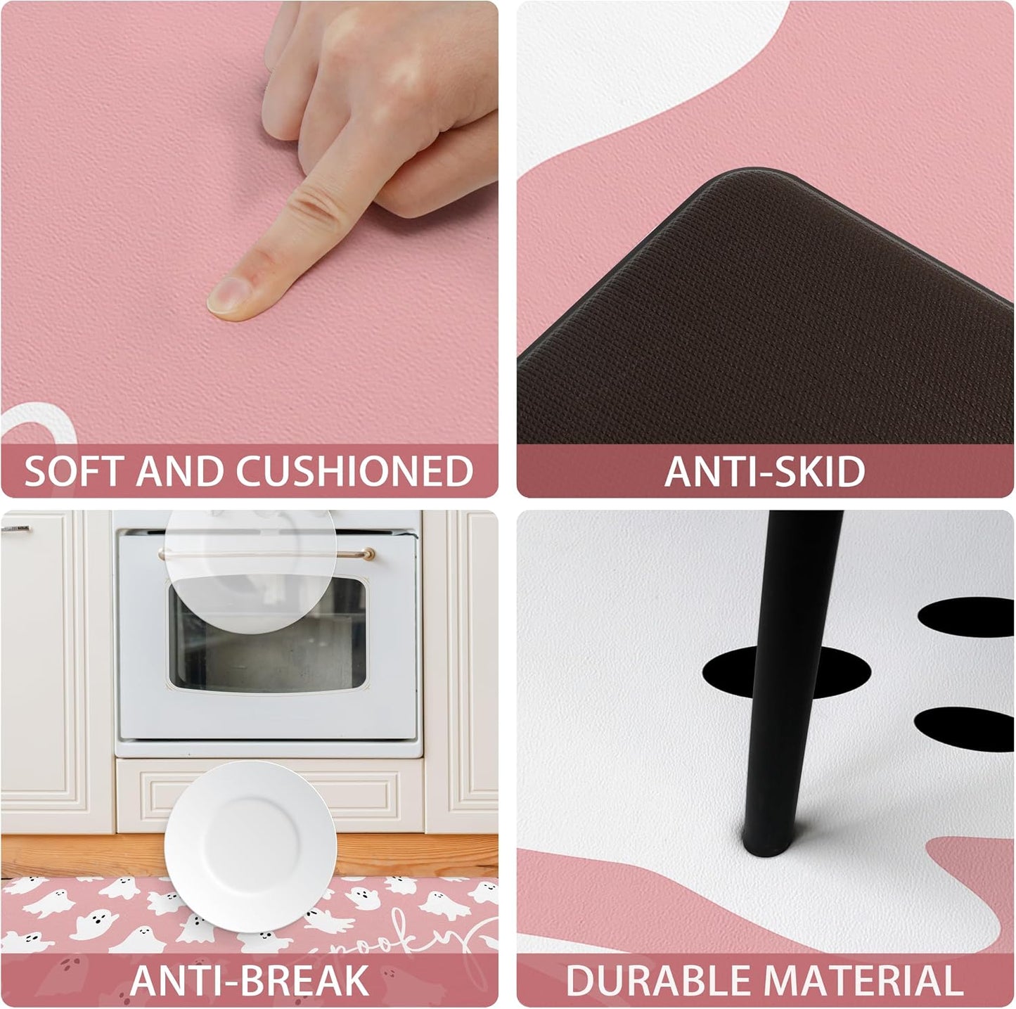 Pink Ghosts Boo Halloween Kitchen Rugs and Mats Set of 2 Spooky Halloween Kitchen Decor Cute Anti Fatigue Cushioned Kitchen Floor Mats Non Slip Waterproof Standing Mat for Laundry Office