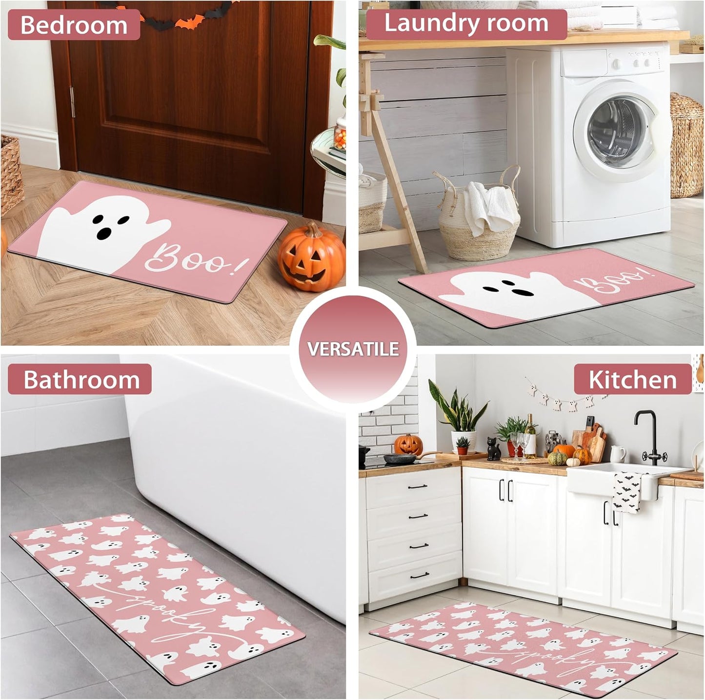 Pink Ghosts Boo Halloween Kitchen Rugs and Mats Set of 2 Spooky Halloween Kitchen Decor Cute Anti Fatigue Cushioned Kitchen Floor Mats Non Slip Waterproof Standing Mat for Laundry Office