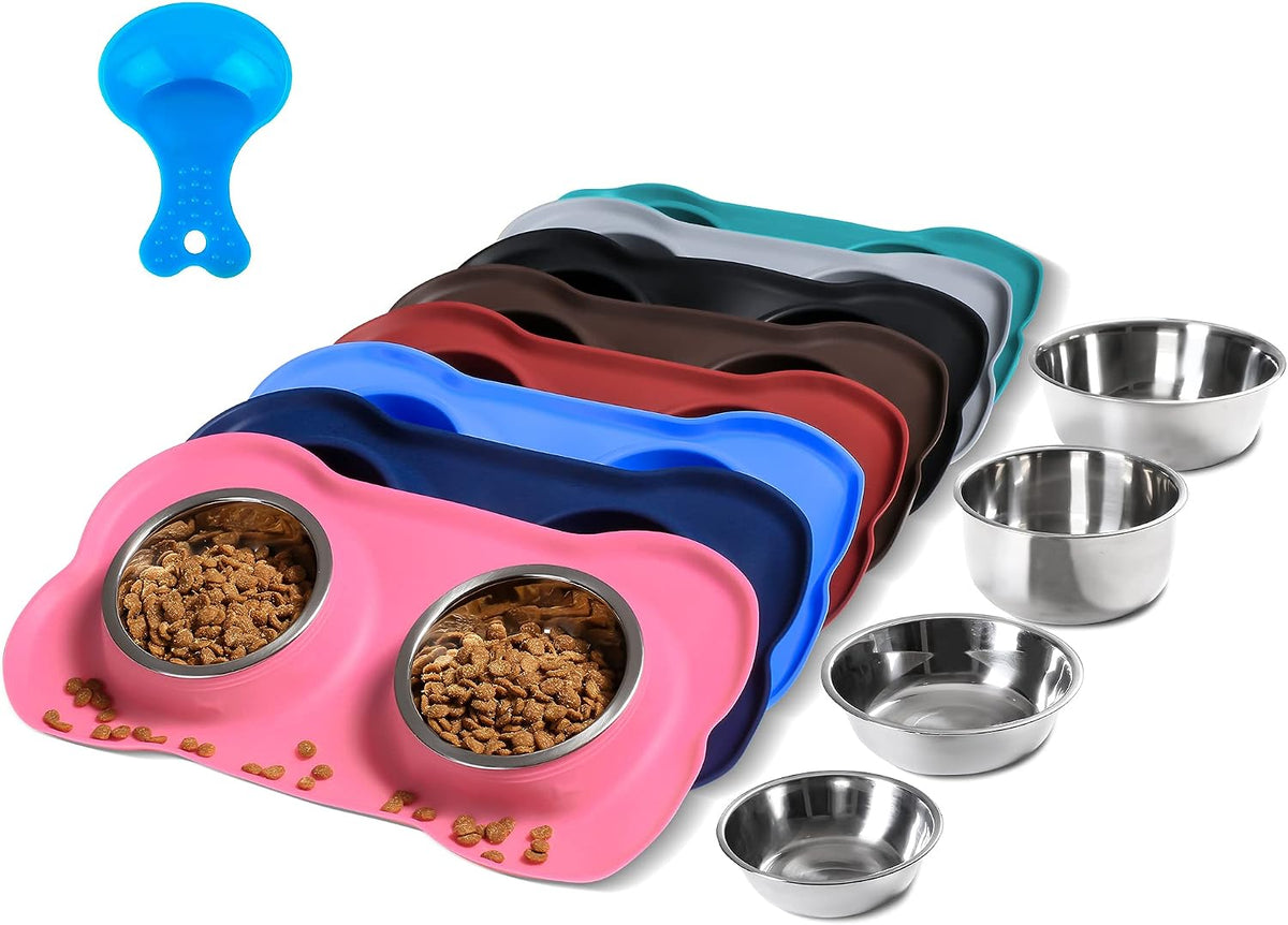 Pet Dog Bowls 2 Stainless Steel Dog Bowl with No Spill Non-Skid Silicone Mat + Pet Food Scoop Water and Food Feeder Bowls for Feeding Small Medium Large Dogs Cats Puppies (M, Pink)
