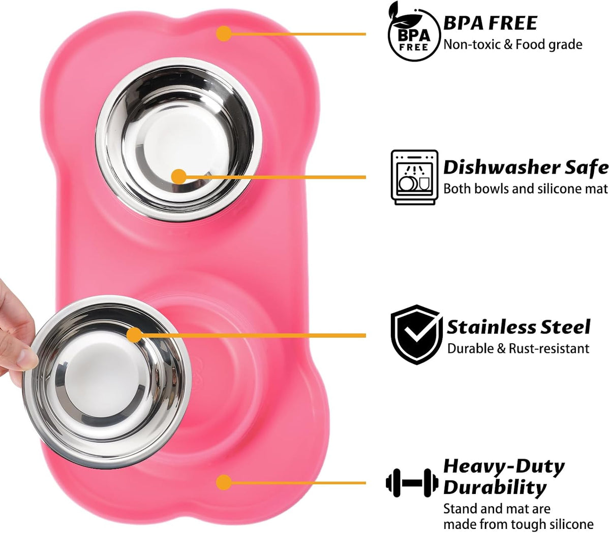 Pet Dog Bowls 2 Stainless Steel Dog Bowl with No Spill Non-Skid Silicone Mat + Pet Food Scoop Water and Food Feeder Bowls for Feeding Small Medium Large Dogs Cats Puppies (M, Pink)
