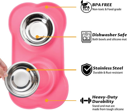Pet Dog Bowls 2 Stainless Steel Dog Bowl with No Spill Non-Skid Silicone Mat + Pet Food Scoop Water and Food Feeder Bowls for Feeding Small Medium Large Dogs Cats Puppies (M, Pink)