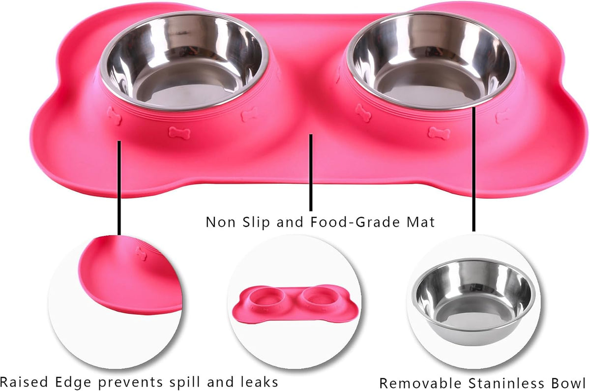 Pet Dog Bowls 2 Stainless Steel Dog Bowl with No Spill Non-Skid Silicone Mat + Pet Food Scoop Water and Food Feeder Bowls for Feeding Small Medium Large Dogs Cats Puppies (M, Pink)