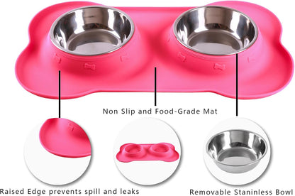 Pet Dog Bowls 2 Stainless Steel Dog Bowl with No Spill Non-Skid Silicone Mat + Pet Food Scoop Water and Food Feeder Bowls for Feeding Small Medium Large Dogs Cats Puppies (M, Pink)