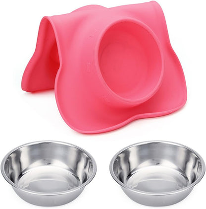 Pet Dog Bowls 2 Stainless Steel Dog Bowl with No Spill Non-Skid Silicone Mat + Pet Food Scoop Water and Food Feeder Bowls for Feeding Small Medium Large Dogs Cats Puppies (M, Pink)