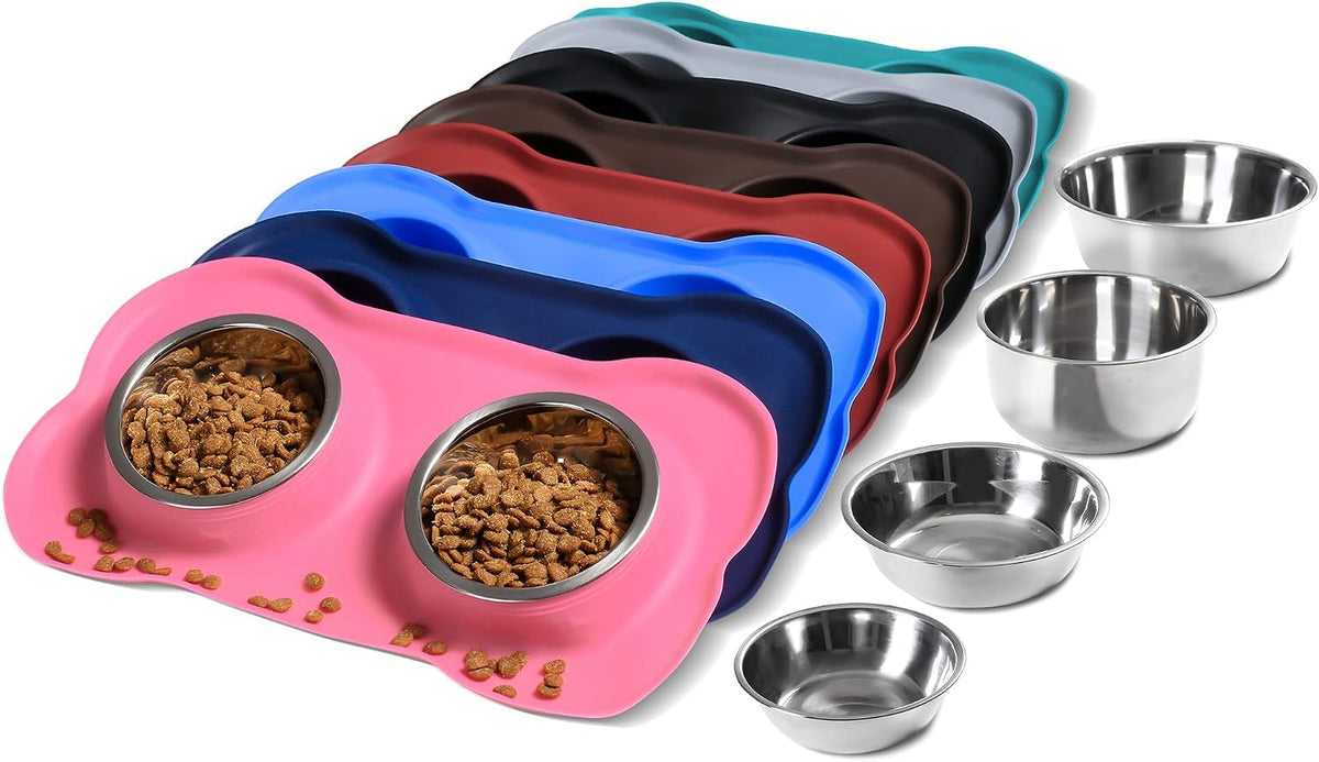 Pet Dog Bowls 2 Stainless Steel Dog Bowl with No Spill Non-Skid Silicone Mat + Pet Food Scoop Water and Food Feeder Bowls for Feeding Small Medium Large Dogs Cats Puppies (M, Pink)