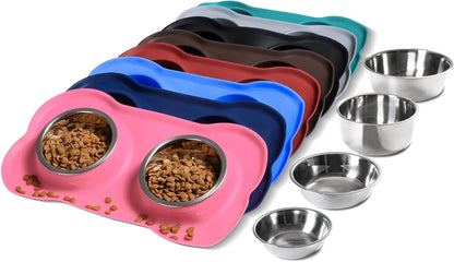 Pet Dog Bowls 2 Stainless Steel Dog Bowl with No Spill Non-Skid Silicone Mat + Pet Food Scoop Water and Food Feeder Bowls for Feeding Small Medium Large Dogs Cats Puppies (M, Pink)