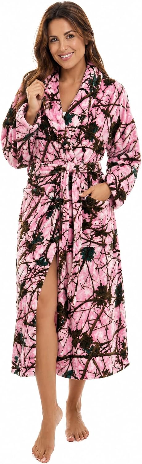 Camo/Pink Camo Polar Fleece Bathrobe with Shawl Collar
