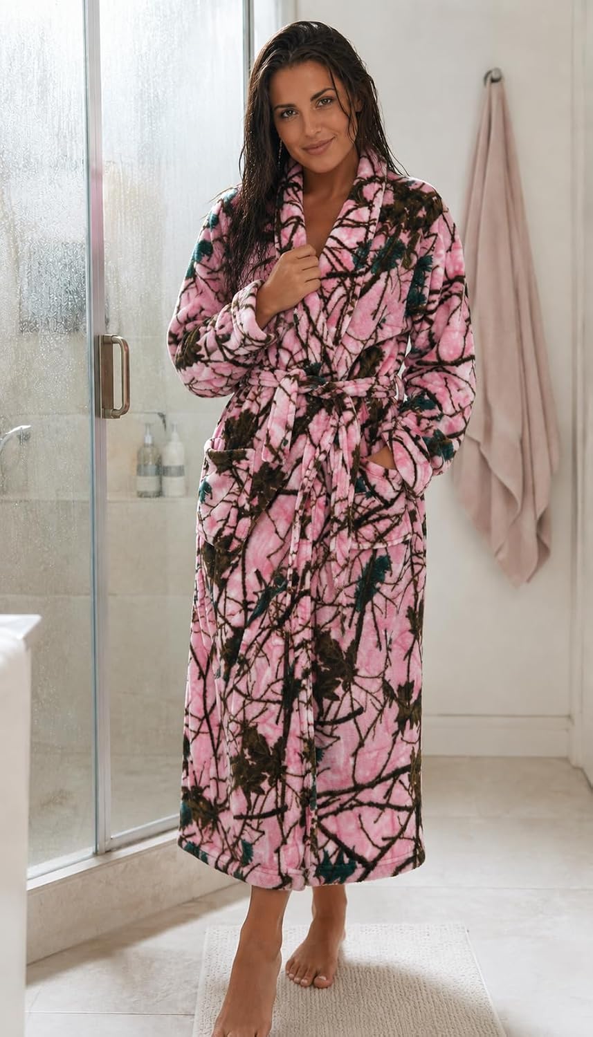 Camo/Pink Camo Polar Fleece Bathrobe with Shawl Collar