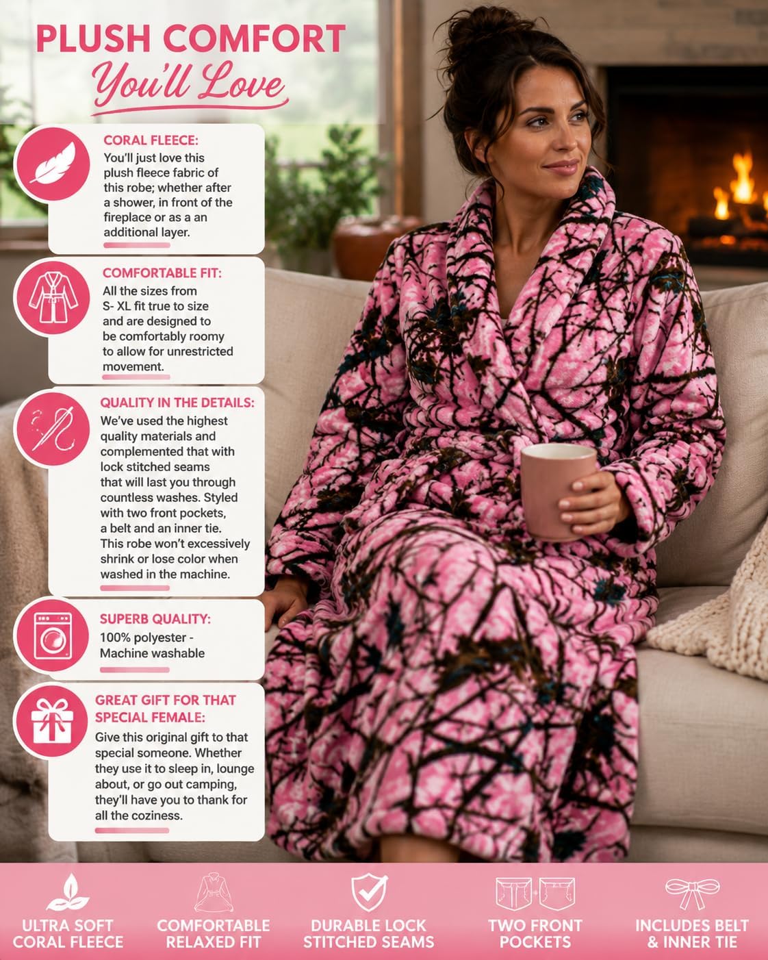 Camo/Pink Camo Polar Fleece Bathrobe with Shawl Collar