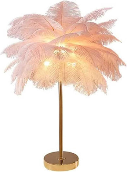 Nordic Luxury Feather Table Lamp Bedside Living Room Desk Table Lights Indoor Lighting Ostrich Feather Stand Light Night Light 3 Level Brightness for Bedrooms Study Rooms Living Rooms (Pink)
