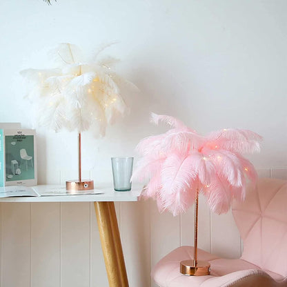 Nordic Luxury Feather Table Lamp Bedside Living Room Desk Table Lights Indoor Lighting Ostrich Feather Stand Light Night Light 3 Level Brightness for Bedrooms Study Rooms Living Rooms (Pink)