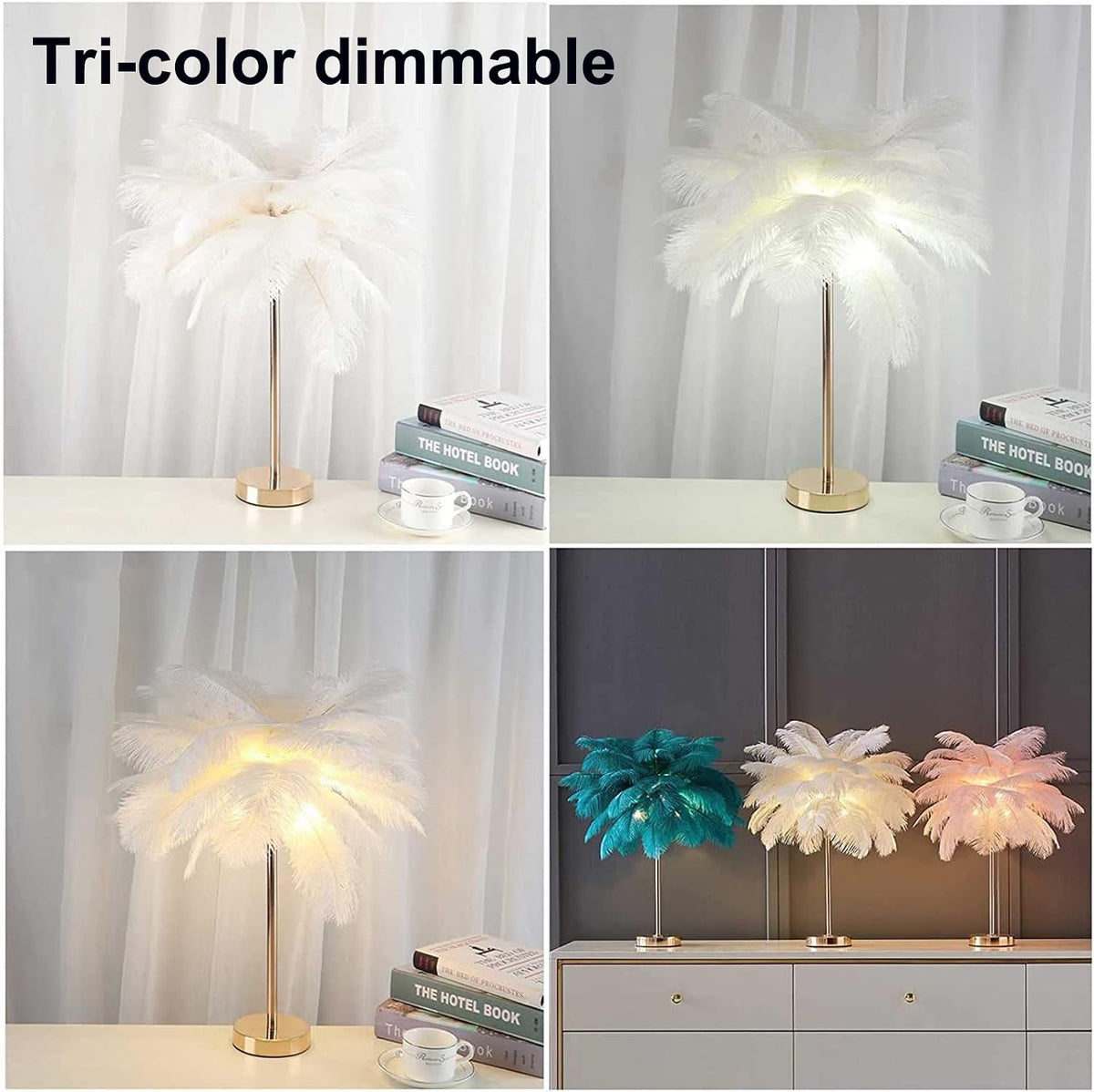 Nordic Luxury Feather Table Lamp Bedside Living Room Desk Table Lights Indoor Lighting Ostrich Feather Stand Light Night Light 3 Level Brightness for Bedrooms Study Rooms Living Rooms (Pink)